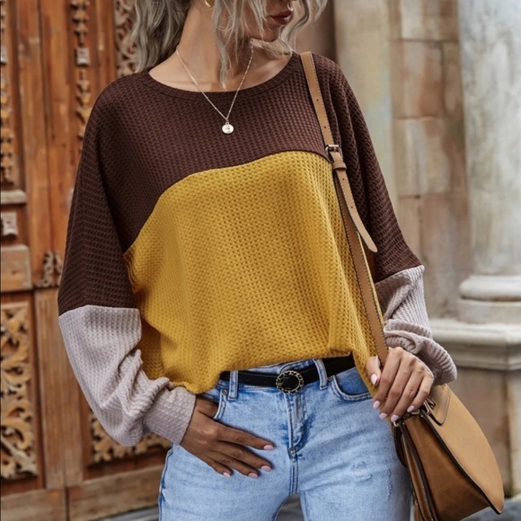 Tops - Long Sleeve Waffle Knit Color Block Top